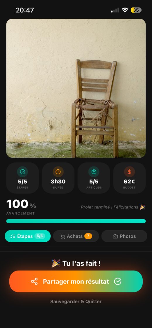 Projet terminé, prêt à être partagé dans le feed