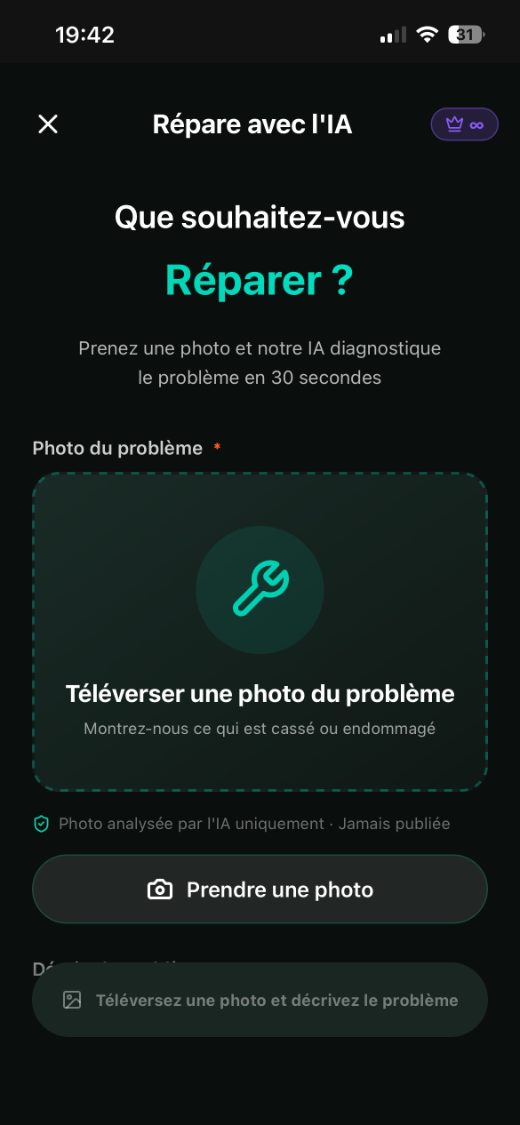 Écran de diagnostic d'une panne dans l'application